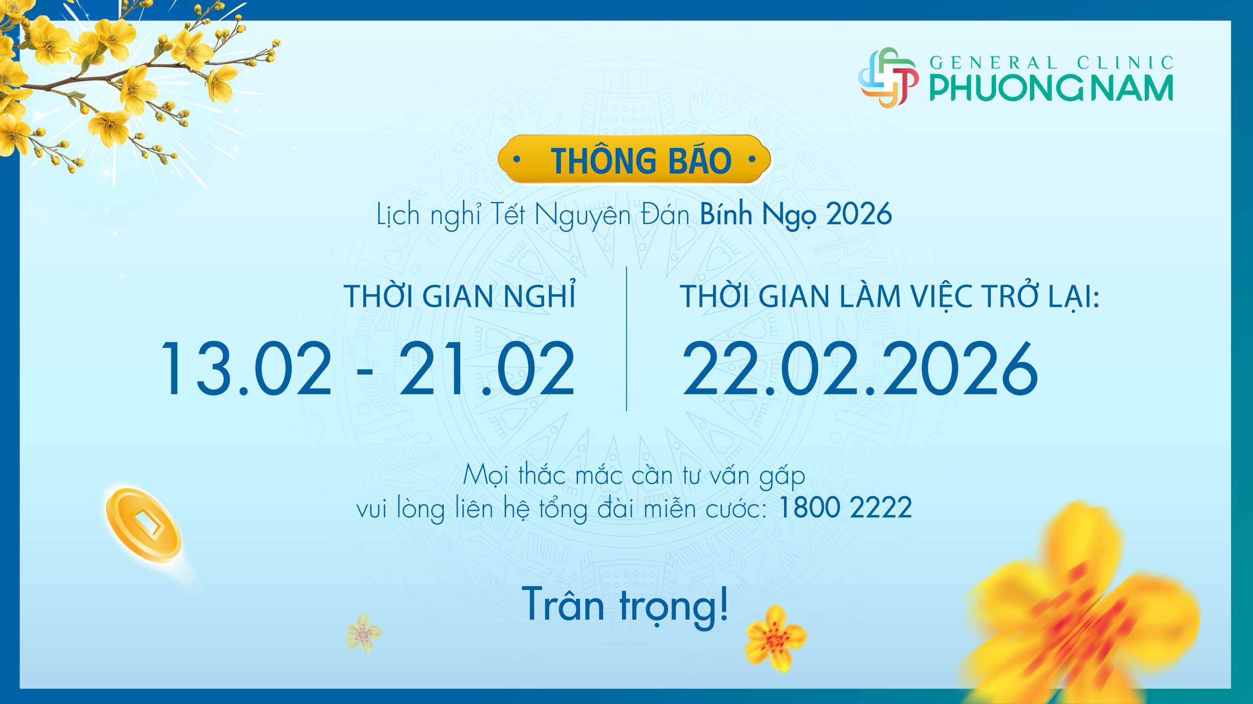 THÔNG BÁO LỊCH NGHỈ TẾT NGUYÊN ĐÁN BÍNH NGỌ 2026